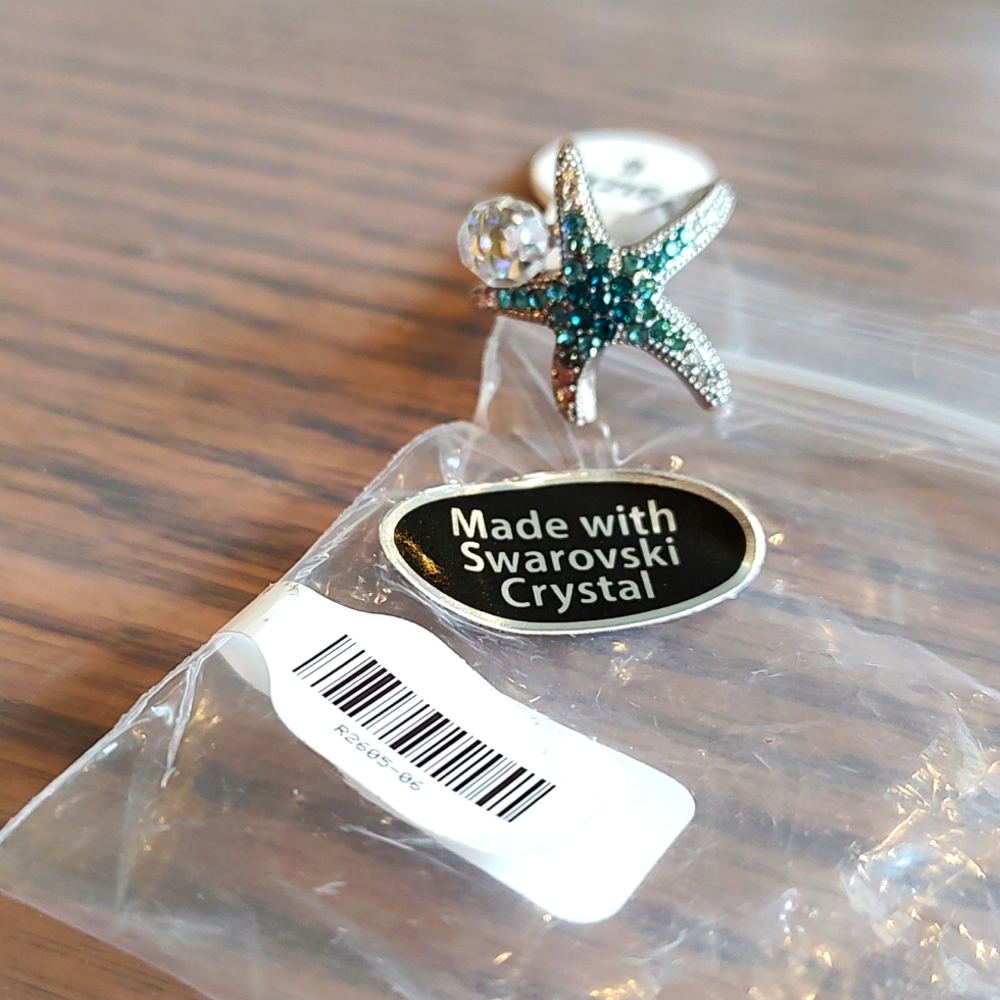 Aqua Blue & Clear Swarovski Crystal Starfish Ring, Sz 6 & 9